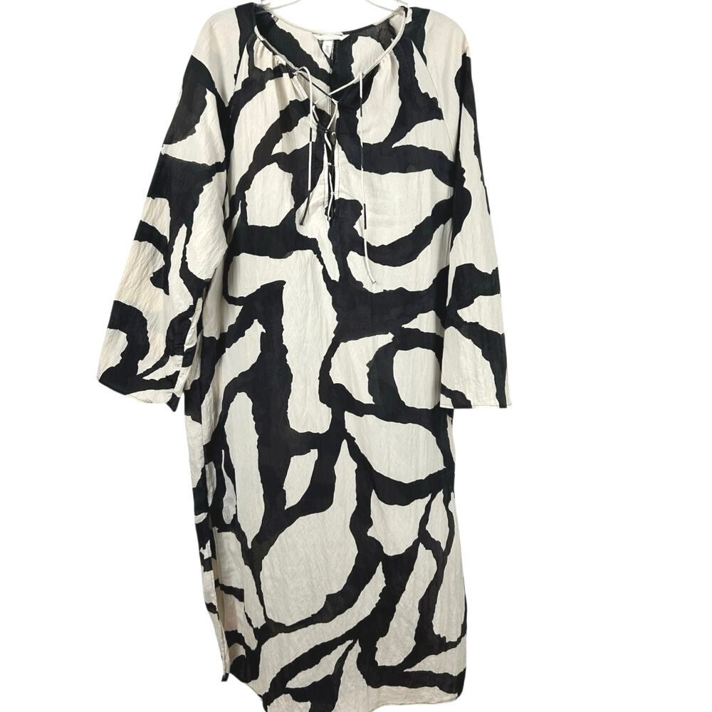 H&M Black Ivory Abstract Print Midi Dress L Oversized Tie Neck Side Slit Artsy
